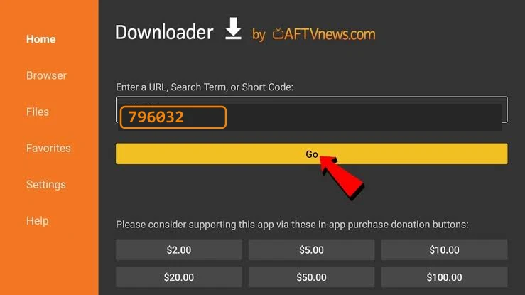Onde digitar o código do Downloader para baixar o WPlay